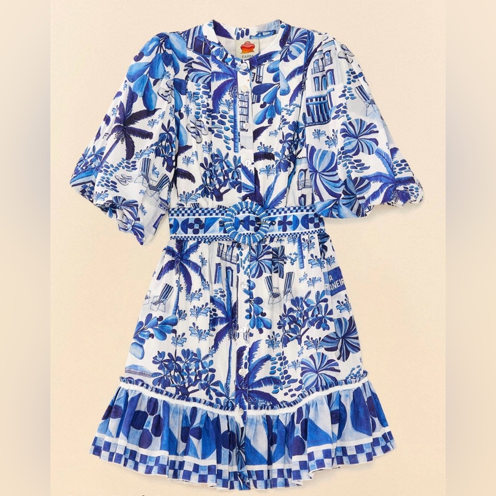 FARM Rio Sweet Rio Puff Sleeve Mini Dress Blue White Size S NWT $230